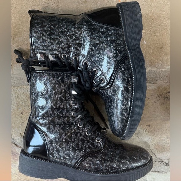 Michael Kors Haskell Syre Glitter Combat Boots Kids Size 1 Black Lace Up - Picture 2 of 7